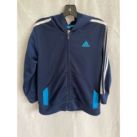 Adidas Kids Jacket Hoodie Activewear Blue White Full Zip Long Sleeves Size 4 - Picture 1 of 11